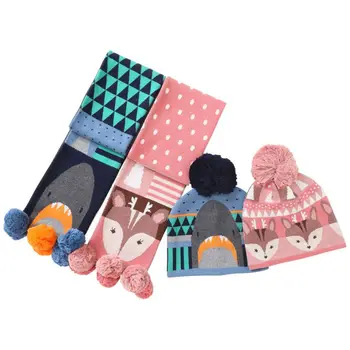 

Toddler Kids Winter Knit Pompom Beanie Cap Long Scarf Shark Deer Cartoon Warmer