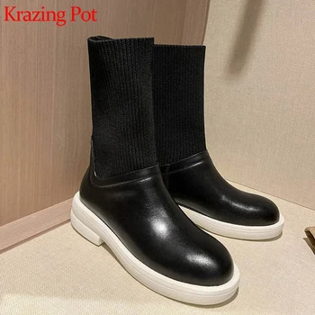 

krazing pot genuine leather slip on leisure sole fashion low heels solid color round toe microfiber knitting mid-calf boots L87