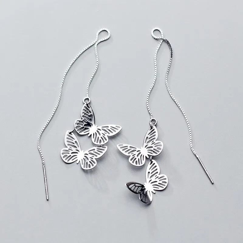 100% 925 Sterling Silver Delicate Two Butterfly Shape Long Ear Threads Earings Hanging Dangle Drop Earrings for Women | Украшения и