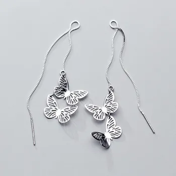 

100% 925 Sterling Silver Delicate Two Butterfly Shape Long Ear Threads Earings Hanging Dangle Drop Earrings for Women