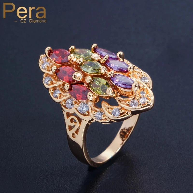 Pera Dubai Yellow Gold Jewelry Multi Purple Green Red Stone Vintage CZ Engagement Wedding