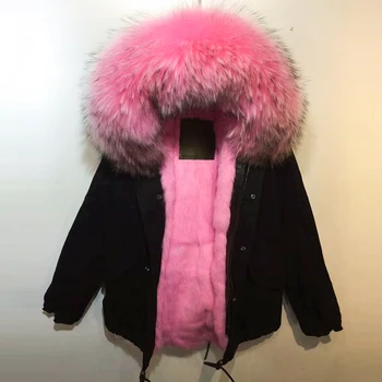 

Rabbit Fur Children Coat Beautiful Pink Color Real Raccoon Fur Collar And Rabbit Fur Llining Parka With Button Casual Style