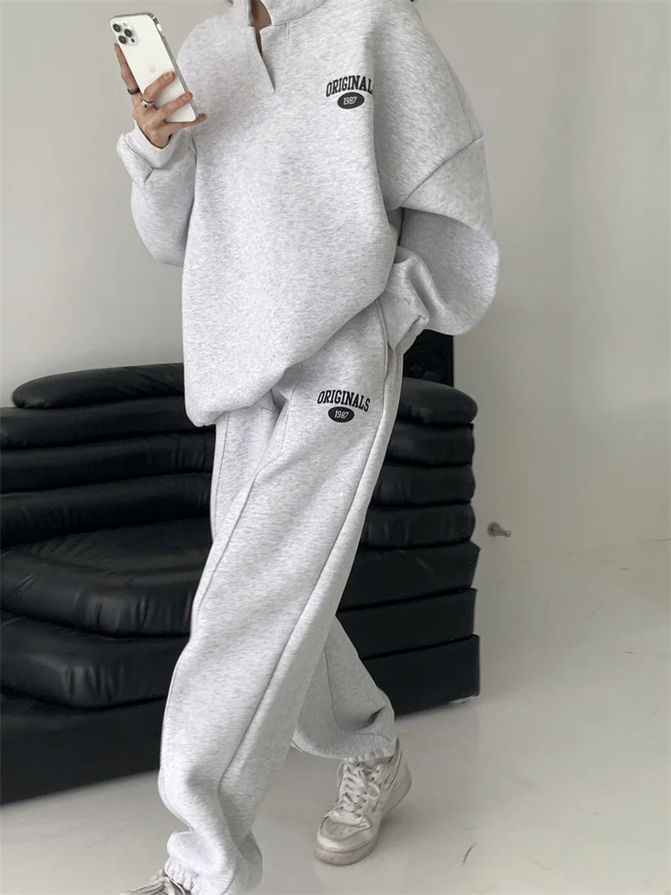 Bornladies 2022 Women Cotton Sweatshirt Suit Oversized Sets Female Stand Collar Loose Sweatshirt + Long Pants Suits Short Sets black pant suit