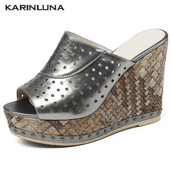 

karinluna 2020 Fashion Brand shoes Genuine Leather Wedges Plarform Sandals Real Leather High Heels 11 cm women shoes