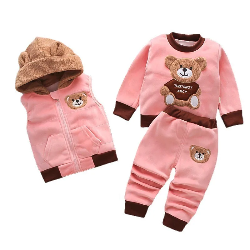 

New Winter Baby Girl Clothes Suit Children Boys Thick Hooded Vest T-Shirt Pants 3Pcs/Set Toddler Fashion Costume Kids Tracksuits