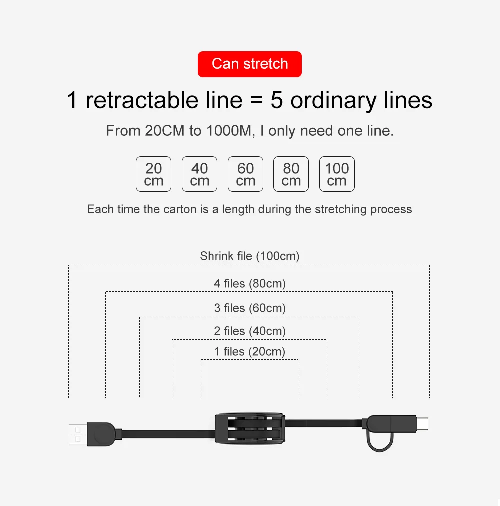 2 in 1 Micro USB+Type C Port Shrinking Cable for Samsung Xiaomi Huawei Retractable USB Charging Cable Portable USB C Data Cabo