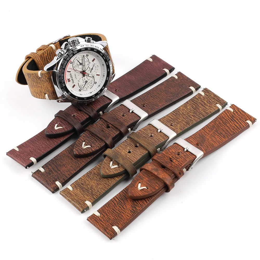 

Hand Stitched Vintage Leather Watchband 18mm 20mm 22mm 24mm Distressed Look Watch Strap Distressed irregular Calfskin Wristband