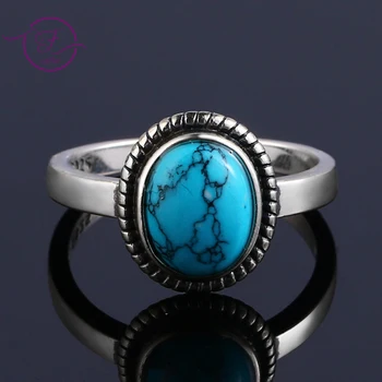 

New Fashion 8x10 MM Oval Natural Turquoise Rings Women's 925 Silver Ring Vintage Fine Jewelry for Anniversary Gifts Wholesale