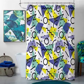 

Shower Curtains Plastic Liner Modern,Geometrical Retro 80s Themed Image with Lines Circles and Spots Print,Blue Yellow and