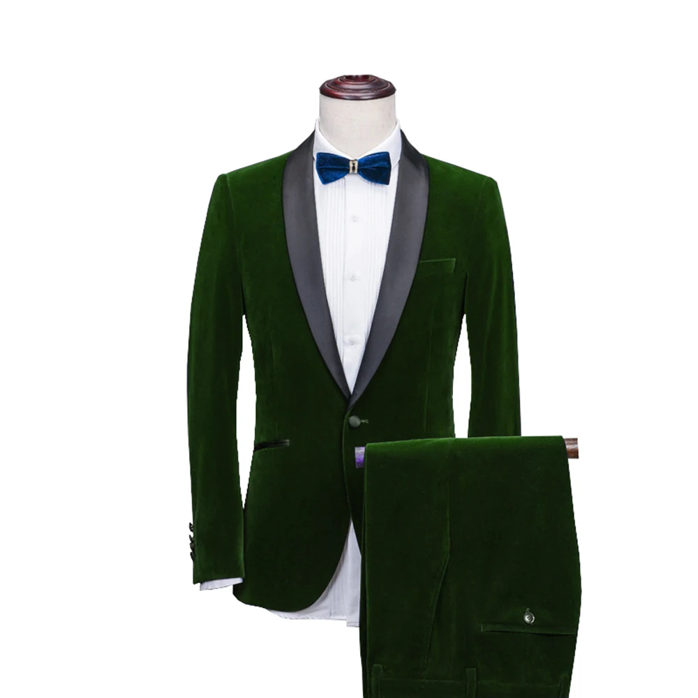Мужские костюмы Шаль Воротник из 2 предметов Slim Fit синий бордовый черный зеленый костюм мужской Бархатный смокинг пиджак для свадьбы(Блейзер+ брюки+ галстук