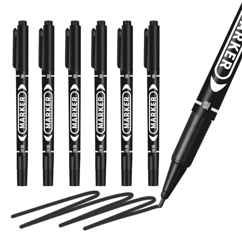 6 Pcs/Set Twin Tip Permanent Marker Pen Fine Point Waterproof Ink Thin Nib Crude Nib 0.5mm-1mm Fine Color