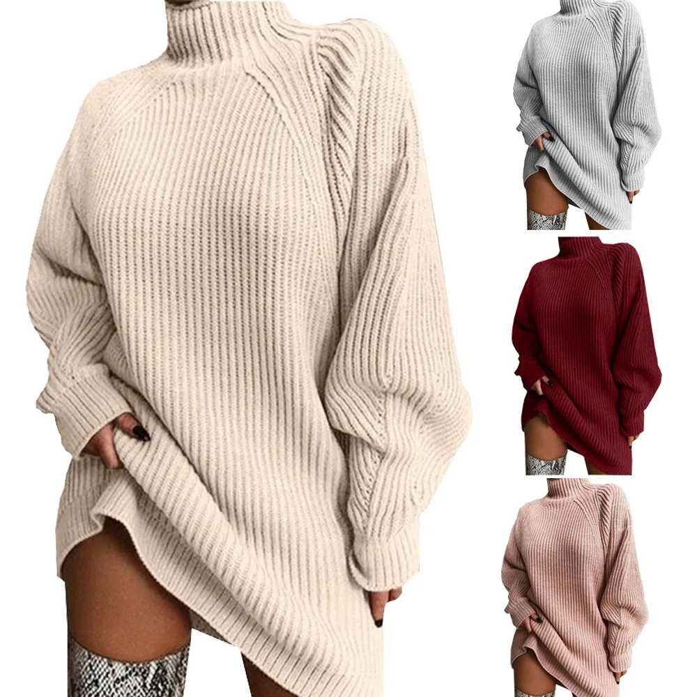 Women Turtleneck Sweater Dresses Autumn Solid Loose Knitted Dress Elegant Long Sleeve Oversized Winter Female Mini Sweater Dress