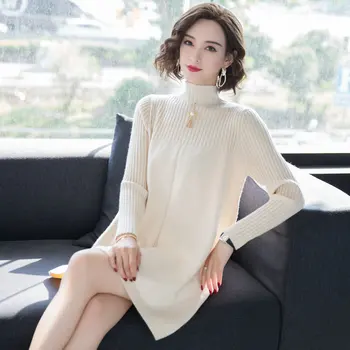 

Minimalist Women Pure Colour Woolen Knitted Dresses High Collar A-line Design One Piece Ripple Knitwear Classy Warm Dress Woman