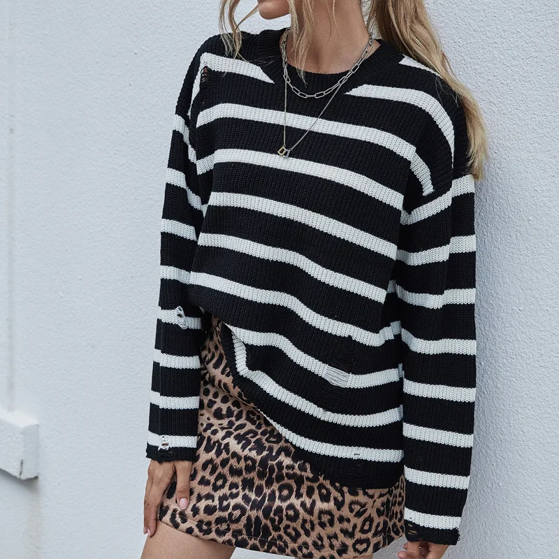 

Casual Black Striped Knitted Sweater Women Loose Long Sleeve O Neck Pullover Female 2020 Autumn Winter Plus Size Warm Jumpers
