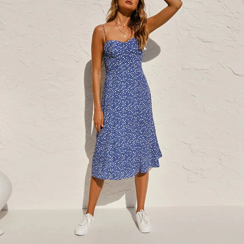 

2020 Summer Sundress Women Polka Dot Beach Blue Dress Casual Sexy Split Slash Neck Sleeveless Off Shoulder Ladies Midi Dresses