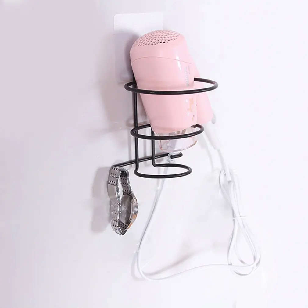 Black White Color Bathroom Organizer Punch Free Hair Dryer Rack Aluminum Home Wall Mounted Holder Shelf Storage Stand Hooks