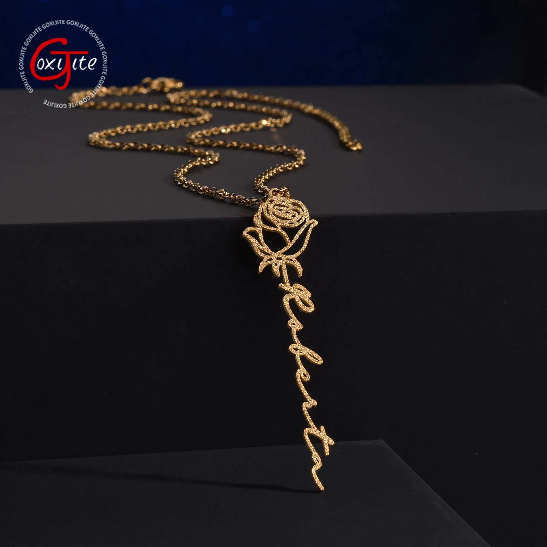 

Goxijite Custom Frosted Name Necklace For Women Stainless Steel Rose Flowers Nameplate Necklaces Jewelry Gift