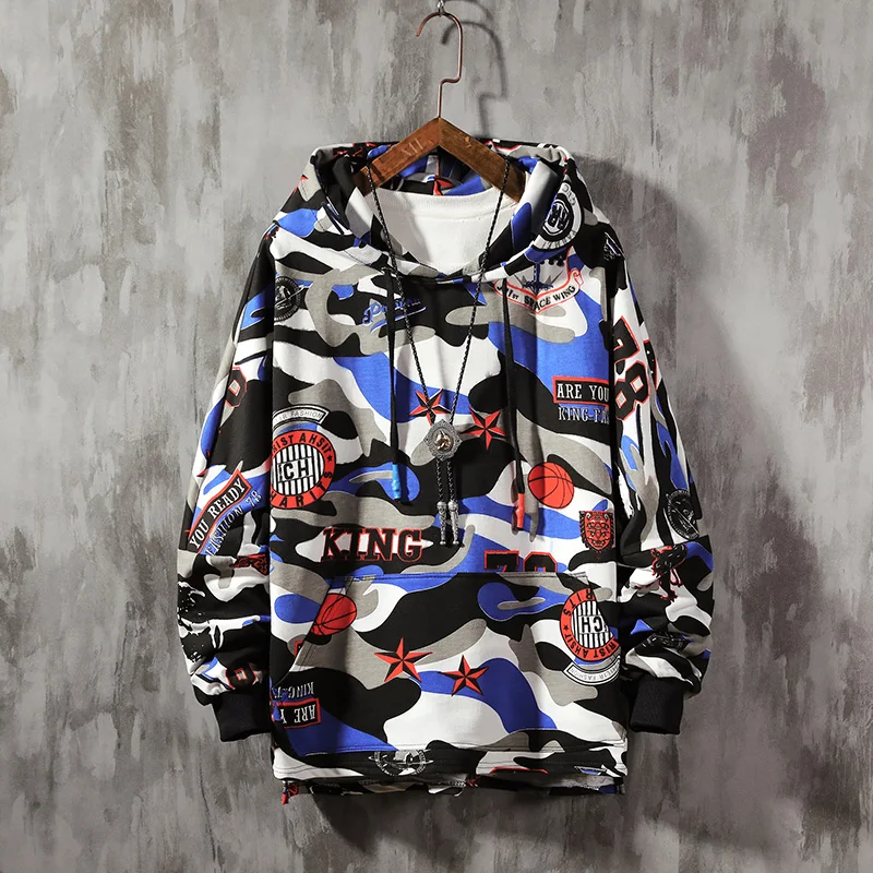 Синий Graffiti Hoodie men Sweatshirt Mens Hip Hop Pullover Streetwear Casual Fashion Clothes Hipster Autumn new - Цвет: Синий