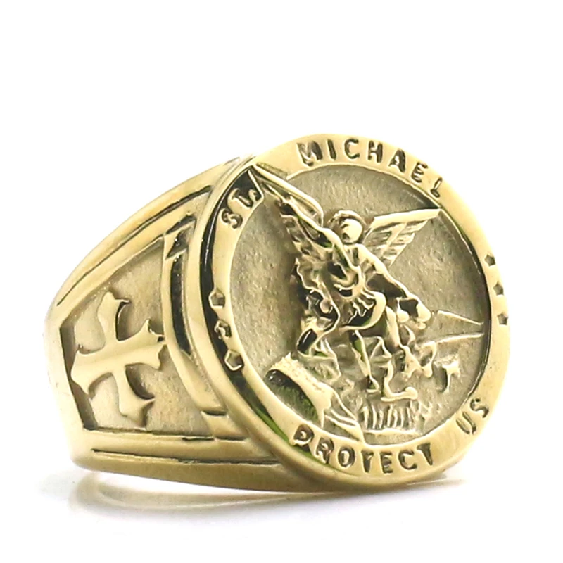 

Size 6 To size 15 Mens Cross Saint Michael Protect US 316L Stainless Steel Golden Newest Ring