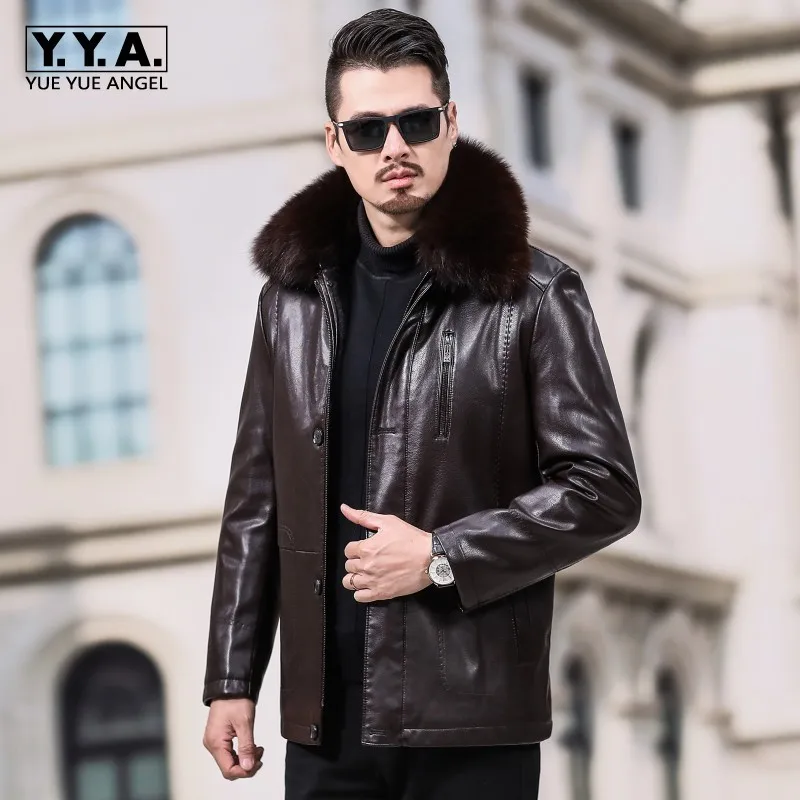

Thick Warm Fur Collar Fleece Liner Mens Faux Leather Jackets Smart Casual Single Breasted Plus Size Male Winter Shearing Coats