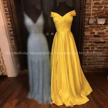 

Simple Off Shoulder Prom Dresses Lace Up Back Pageant Party Gowns 2020 Hot Sell A-line Yellow Satin Floor Length Evening Dresses