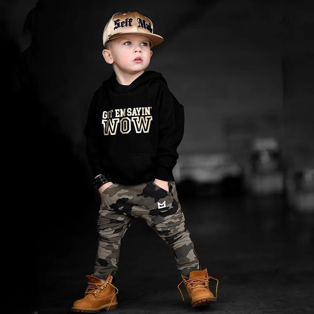 MINASAN Toddler Kids Baby Boys Clothing Long Sleeve Camouflage Hoodie Clothing Letter Print Splicing Trousers Winter Warm Outfits 
