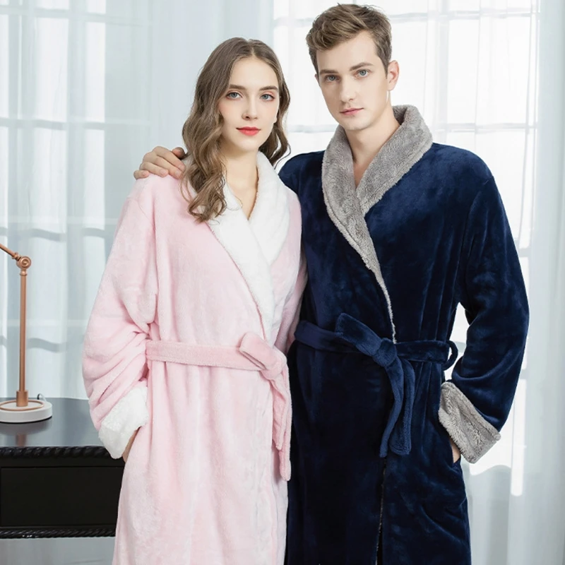 

Women Men Winter Flannel Sexy Lapel Bathrobe Thicken Coral Velvet Contrast Color Long Kimono Robe Warm Belted Nightgown Sleepwea