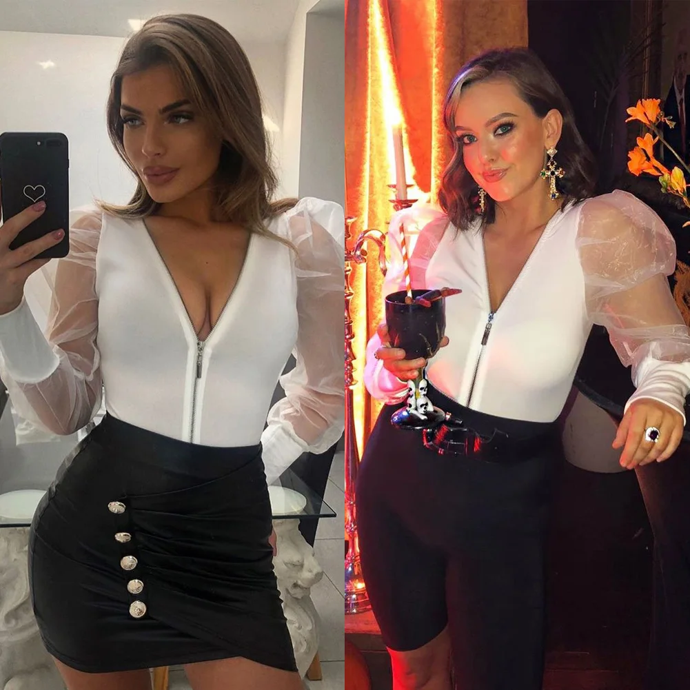 2020 Sexy Women's Bodycon Zipper V Neck Jumpsuit Puff Long Sleeve Bodysuit Leotard Romper Top Blouse Bodysuits backless bodysuit