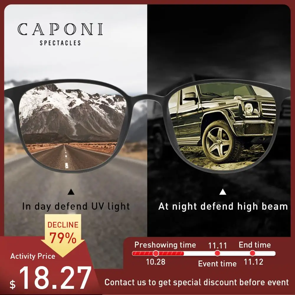 

CAPONI Titanium Frame Sunglasses Photochromic Vintage Ultralight Eyewear Night Vision Polarized Sun Glasses Men Women BSYS520