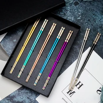 

5Pairs Sushi Japanese Stainless Steel Chopsticks Set With Gift Box Black Chinese Chop Stick Tableware Kitchen Tools