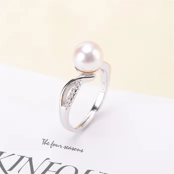 

Real 925 Sterling Silver Women Wedding Engagement Ring Adjustable Simple Round Pearl Ring Mounting