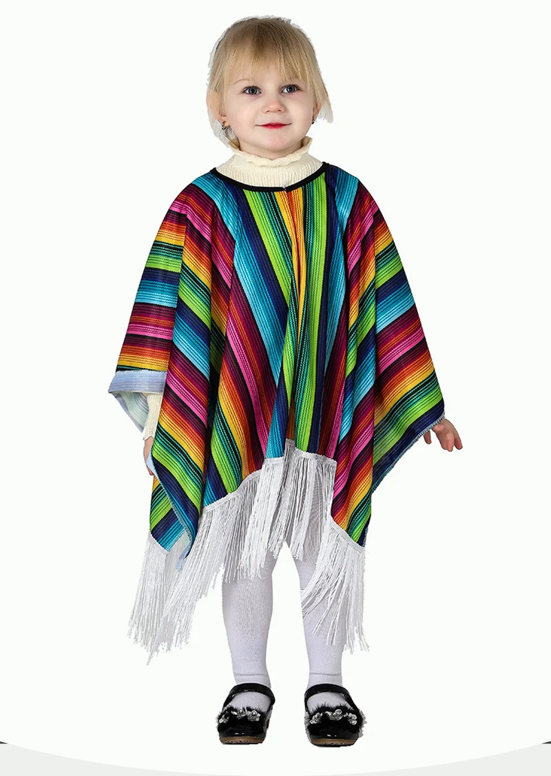 Детский мексиканский плащ в полоску, цвета радуги, одежда для сцены, накидка с кисточками, национальные Вечерние платья на Хэллоуин, пончо, костюмы для косплея - Цвет: 3
