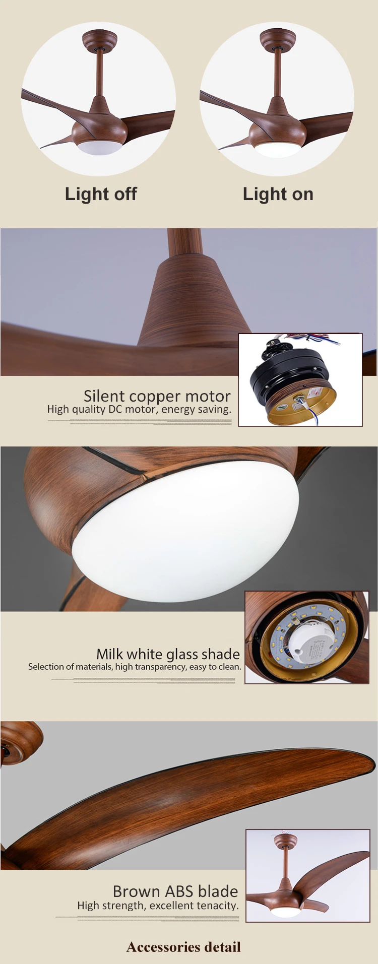 52 Inch Brown Decorative Fan Lighting 40W DC Motor Ceiling Fan With Light