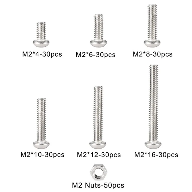 230pcs M2 304 Stainless Steel Hex Socket Button Head Cap Bolts Screws Nuts Kit