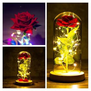Artificial Rose Flowers LED Light Beauty The Beast In Glass Cover Wedding Christmas Home Decor for Mother Valentines Day Gifts