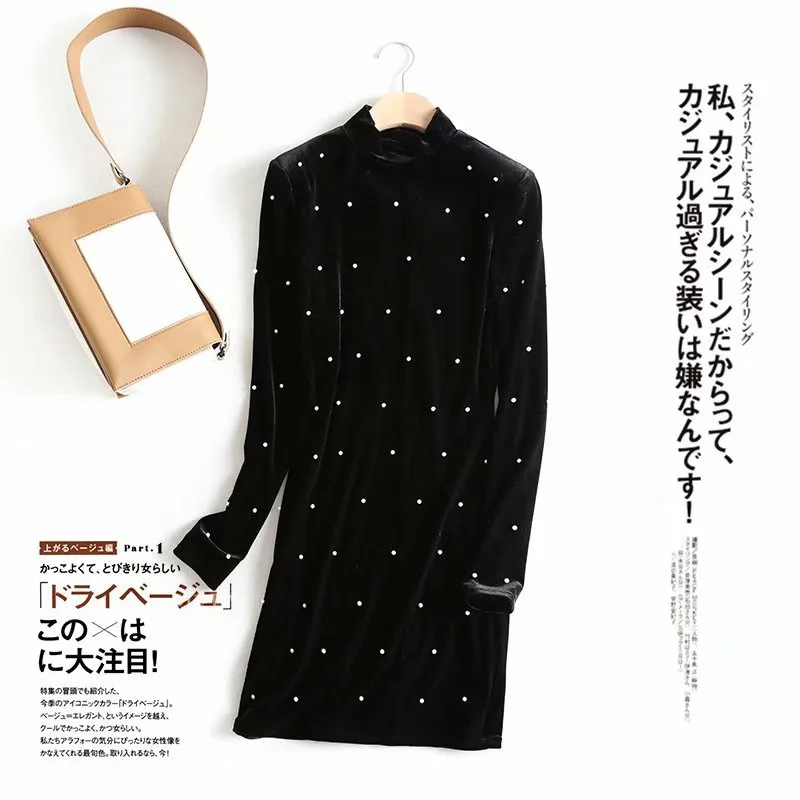 

F9392-Korean-style WOMEN'S Wear 2019 Spring And Autumn New Style Half-Turtle-Neck Velvet Beads Long-sleeved Dress