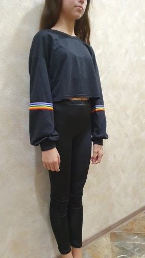 Womens Long Sleeve Striped Crop Rainbow stripes Short Sweatshirt Jumper Black Pullover Top Sudadera Corta