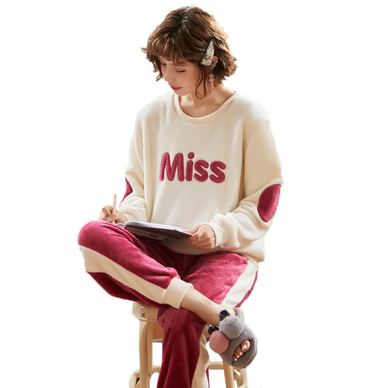 Пижама женская с надписью miss the letter Коралловая шерсть осень зима длинный рукав плюс толстый фланелевый домашний костюм пижамы для женщин