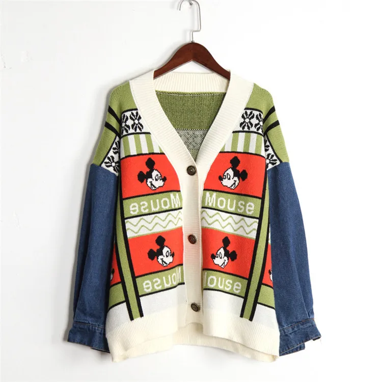 Mickey Cardigan Sweater Cartoon Loose Sweater Stitching Denim Sweater Coat Women Casual Sweater Cardigan Female Tops