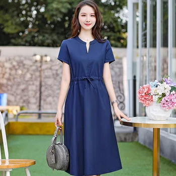 

V-Neck Summer Vintage Dress Women Casual Linen Office Ladies Dress Elegant Slim Solid Plus Size Midi Dress Streetwear Vestidos