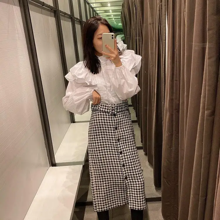 New Winter Women High Waist Houndstooth Skirt Belt Single-Breasted Slim Plaid Skirt Elegant Straight Midi Skirts