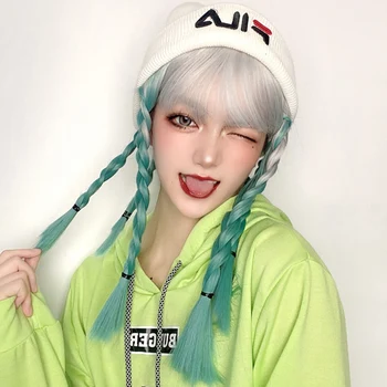 

HOUYAN Wig Female Long Hair Color Blue Synthetic Brazilian Wig High Temperature Gradient Color Medium Long Hair Lolita Green Nat