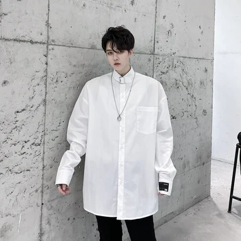 

Male Streetwear Fashion White Black Dress Shirts Men's Stand Collar Metal Buckle Long Sleeve Loose Casual Shirt