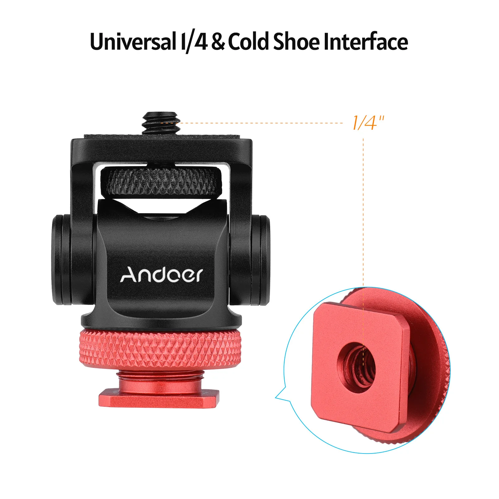 360 Rotatable Camera Monitor Cold Shoe Mount Adapter Head with 1/4