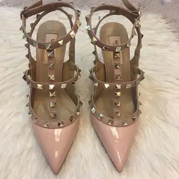 

2020 Pointed Toe Brand V Right Logo High Heels Patent Leather Rivets Sandals Women Shoes High Heel Shoes 10cm Size 34-43