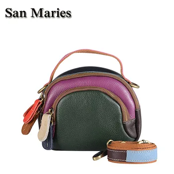 

San Maries Brand REAL LEATHER Women Handbags Bags Fashion Patchwork Colorful New Genuine Cow Leather Small Designer Shell Bag