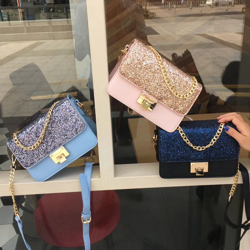 

Hand Shoulder Slung Lock Buckle Sequin Square Bag Wo