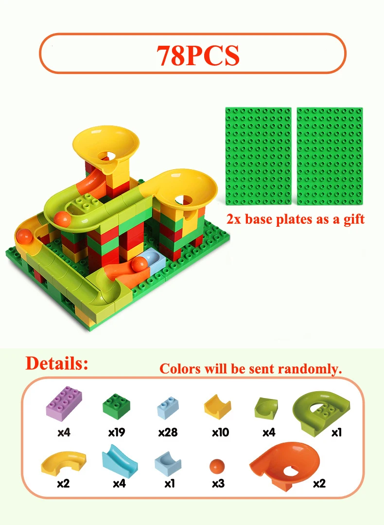 78pcs 55-163PCS LargeSize Particle Building Blocks Plastic Assembled Toys Slipway Marble Interconnecting Blocks Gifts for Children - Color: 78pcs
