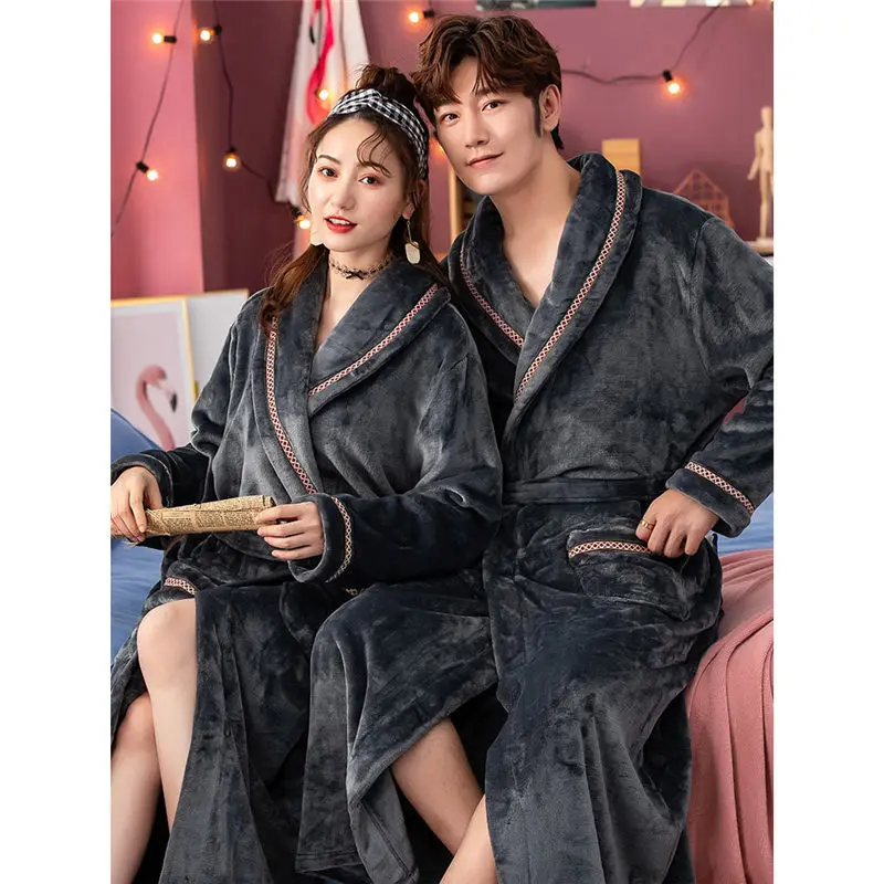 Couple Nightgown Autumn and Winter Thickening Bathrobe Men's Flannel Sleepwear Coral Fleece Plus Long Ladies Plus Velvet Robes