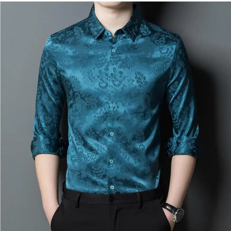 Royal Blue Real Silk Dress Shirts Mens Satin Wedding Elegant Fashion